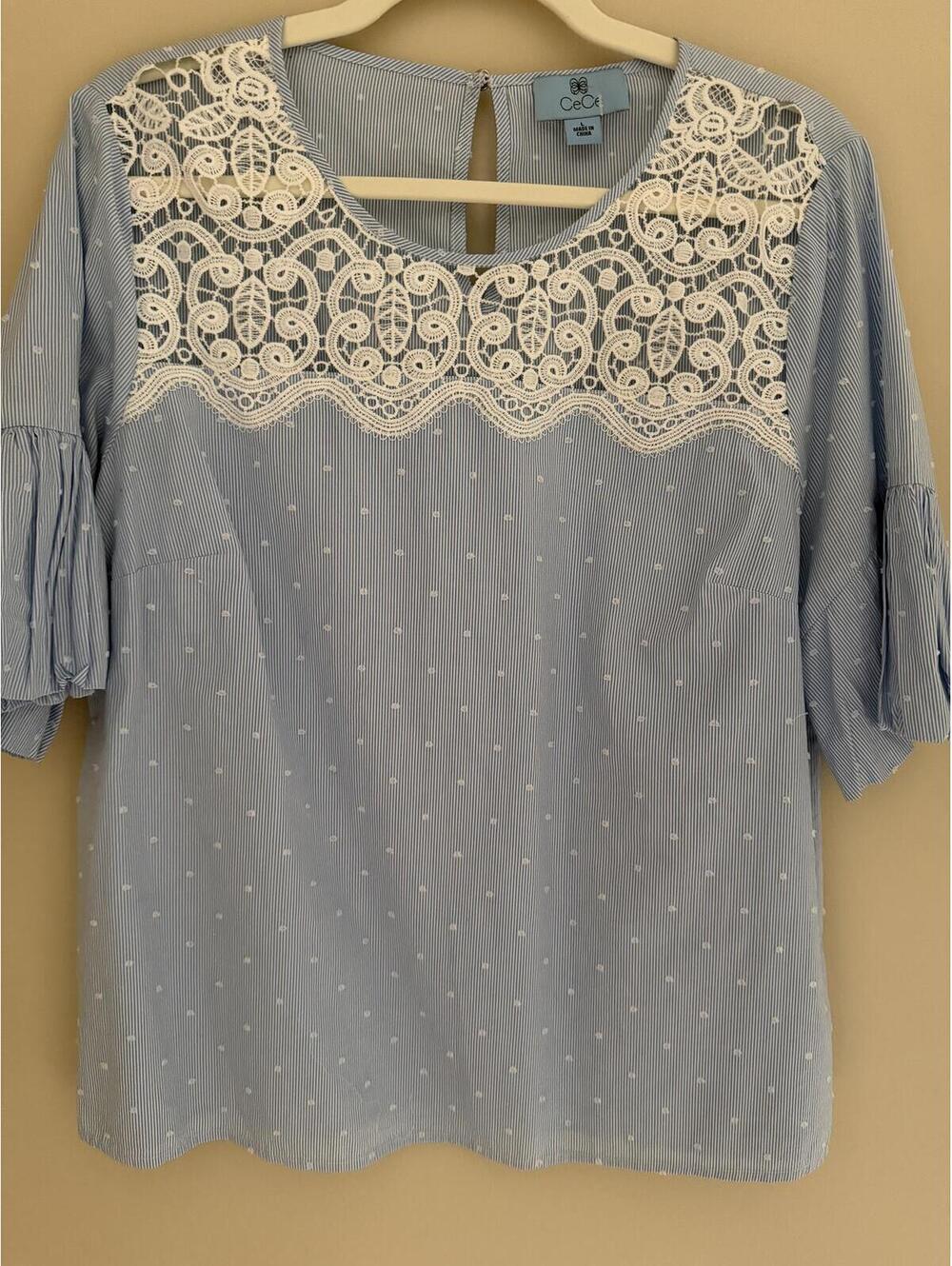 NWOT CeCe L 100% Cotton Lace Dots Sky Blue & White